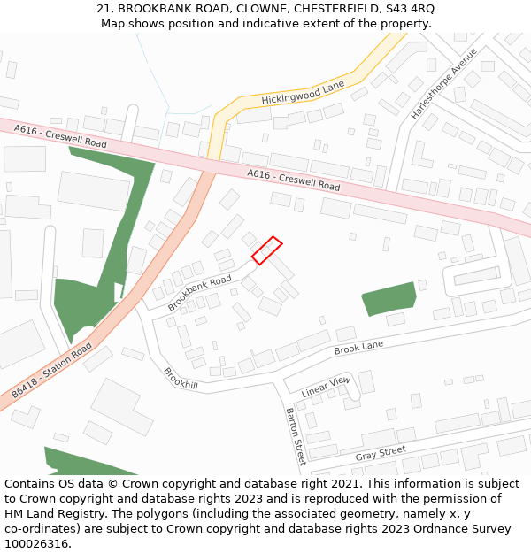 21, BROOKBANK ROAD, CLOWNE, CHESTERFIELD, S43 4RQ: Location map and indicative extent of plot