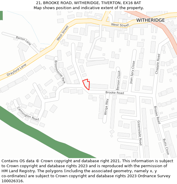 21, BROOKE ROAD, WITHERIDGE, TIVERTON, EX16 8AT: Location map and indicative extent of plot