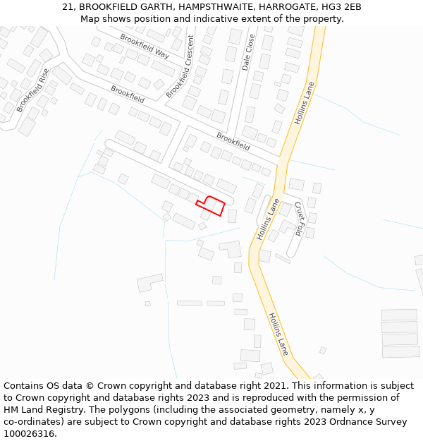 21, BROOKFIELD GARTH, HAMPSTHWAITE, HARROGATE, HG3 2EB: Location map and indicative extent of plot