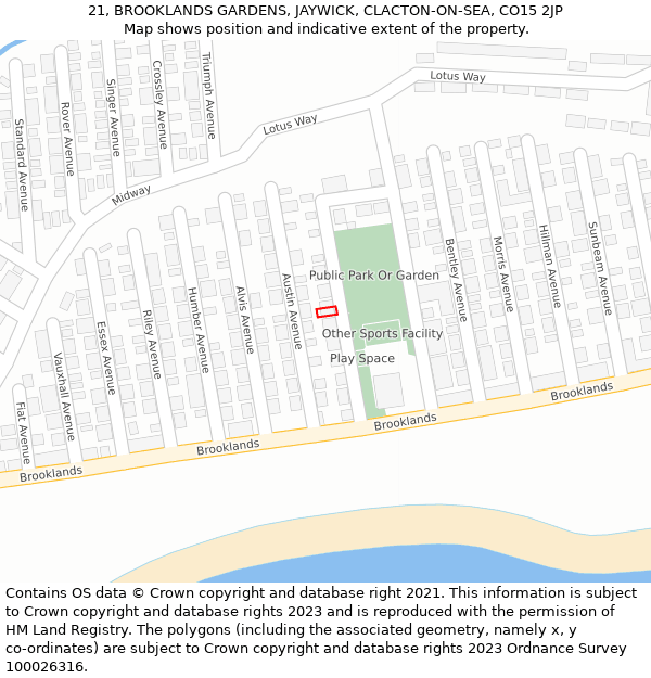 21, BROOKLANDS GARDENS, JAYWICK, CLACTON-ON-SEA, CO15 2JP: Location map and indicative extent of plot