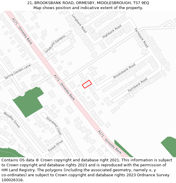 21, BROOKSBANK ROAD, ORMESBY, MIDDLESBROUGH, TS7 9EQ: Location map and indicative extent of plot