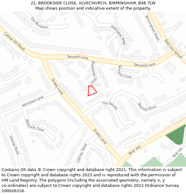 21, BROOKSIDE CLOSE, ALVECHURCH, BIRMINGHAM, B48 7LW: Location map and indicative extent of plot