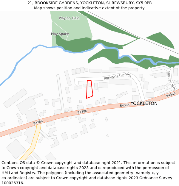 21, BROOKSIDE GARDENS, YOCKLETON, SHREWSBURY, SY5 9PR: Location map and indicative extent of plot