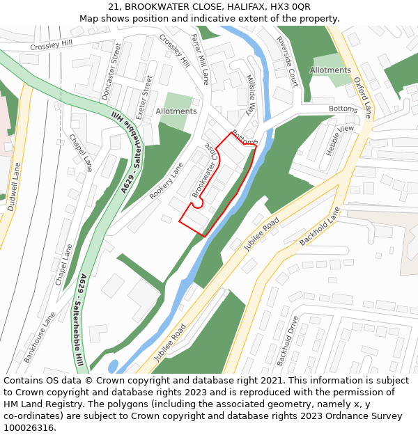 21, BROOKWATER CLOSE, HALIFAX, HX3 0QR: Location map and indicative extent of plot