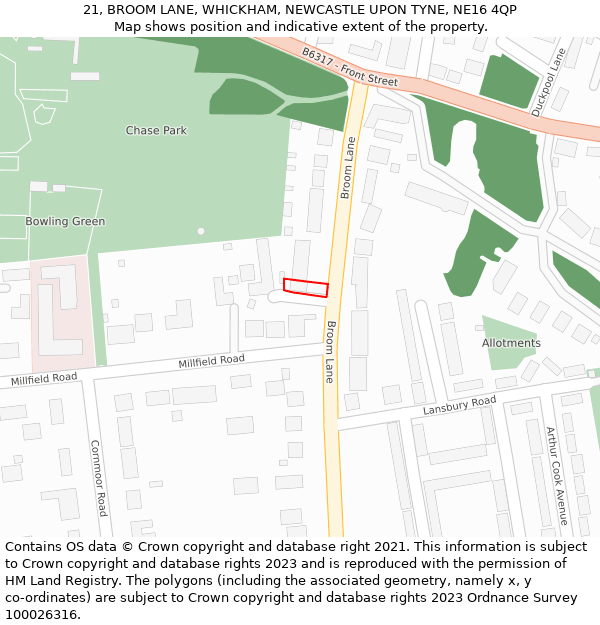 21, BROOM LANE, WHICKHAM, NEWCASTLE UPON TYNE, NE16 4QP: Location map and indicative extent of plot