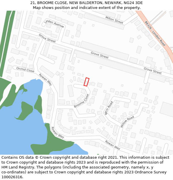 21, BROOME CLOSE, NEW BALDERTON, NEWARK, NG24 3DE: Location map and indicative extent of plot