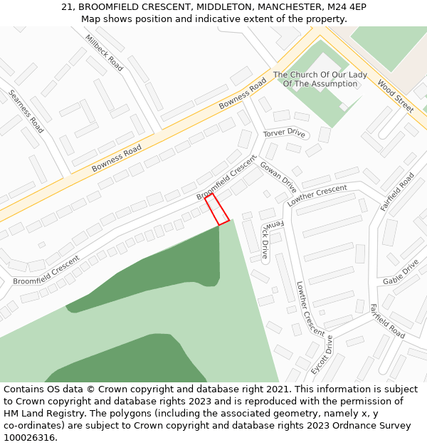 21, BROOMFIELD CRESCENT, MIDDLETON, MANCHESTER, M24 4EP: Location map and indicative extent of plot