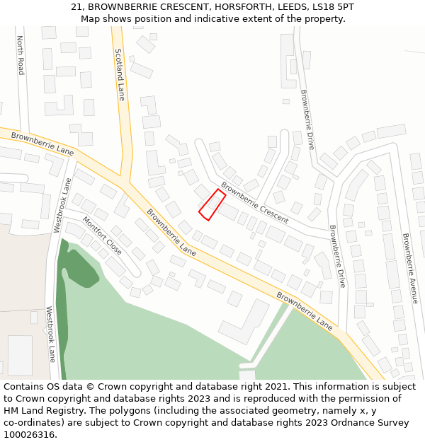 21, BROWNBERRIE CRESCENT, HORSFORTH, LEEDS, LS18 5PT: Location map and indicative extent of plot