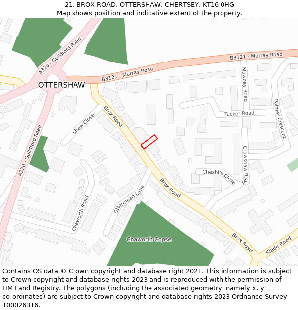 21, BROX ROAD, OTTERSHAW, CHERTSEY, KT16 0HG: Location map and indicative extent of plot