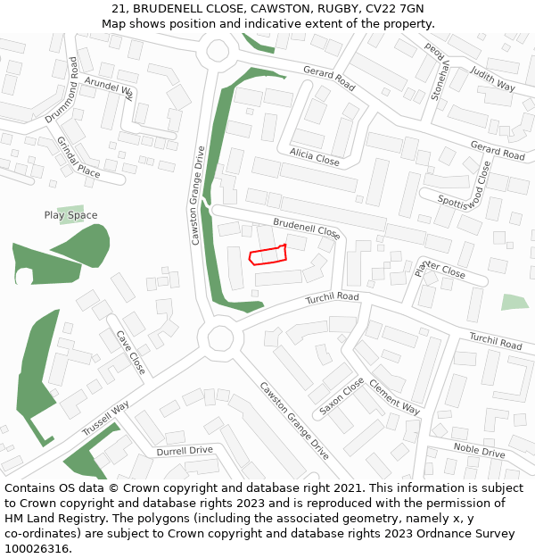 21, BRUDENELL CLOSE, CAWSTON, RUGBY, CV22 7GN: Location map and indicative extent of plot