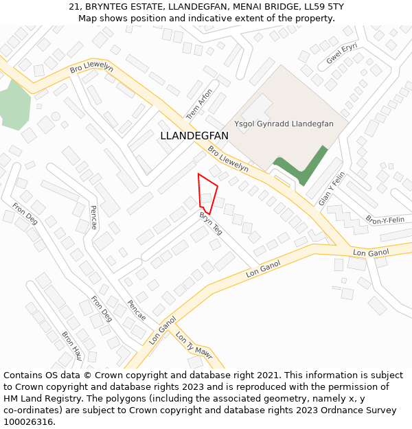 21, BRYNTEG ESTATE, LLANDEGFAN, MENAI BRIDGE, LL59 5TY: Location map and indicative extent of plot