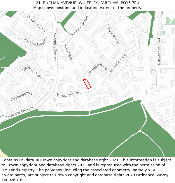 21, BUCHAN AVENUE, WHITELEY, FAREHAM, PO15 7EU: Location map and indicative extent of plot