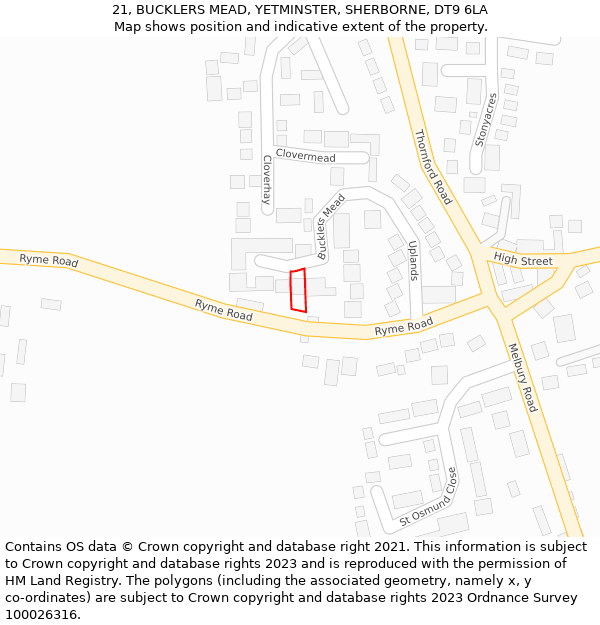 21, BUCKLERS MEAD, YETMINSTER, SHERBORNE, DT9 6LA: Location map and indicative extent of plot