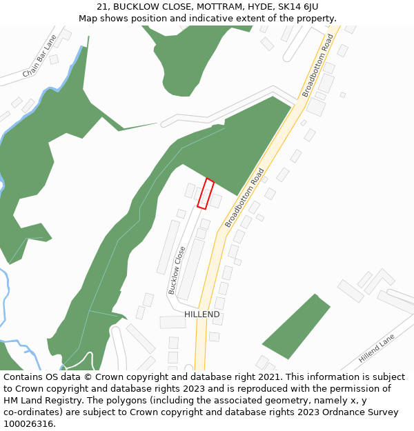 21, BUCKLOW CLOSE, MOTTRAM, HYDE, SK14 6JU: Location map and indicative extent of plot