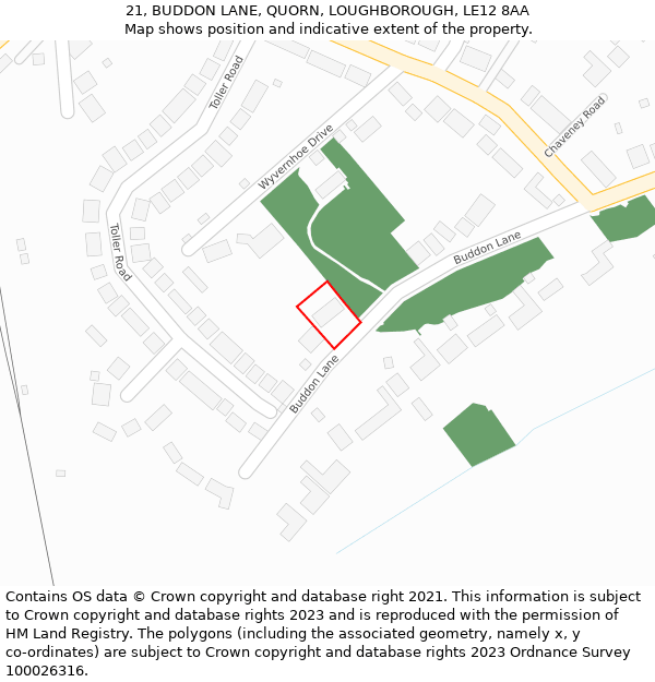 21, BUDDON LANE, QUORN, LOUGHBOROUGH, LE12 8AA: Location map and indicative extent of plot