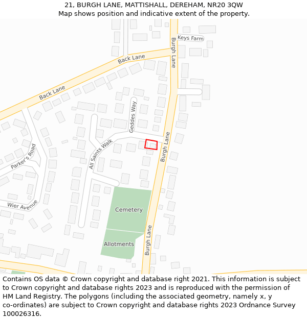 21, BURGH LANE, MATTISHALL, DEREHAM, NR20 3QW: Location map and indicative extent of plot