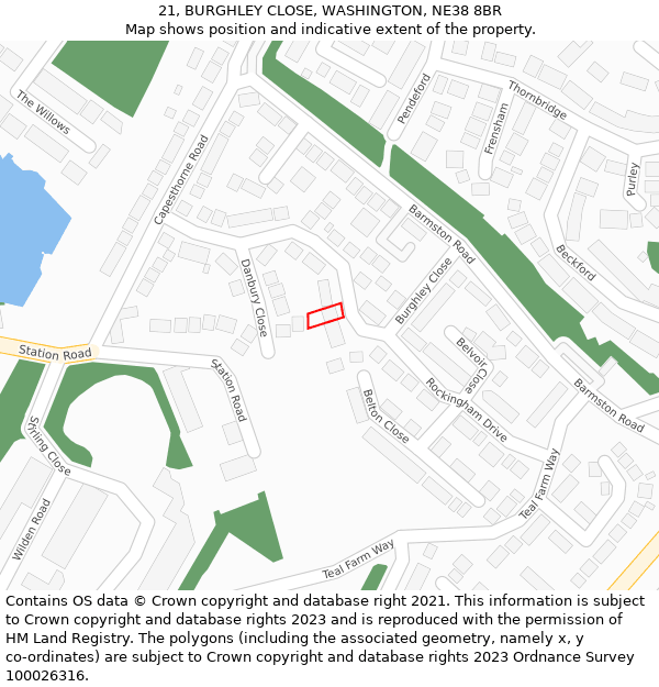 21, BURGHLEY CLOSE, WASHINGTON, NE38 8BR: Location map and indicative extent of plot