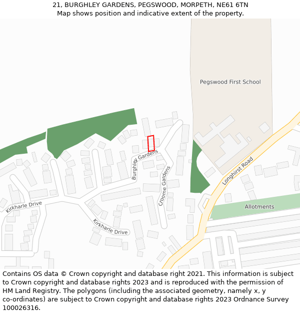 21, BURGHLEY GARDENS, PEGSWOOD, MORPETH, NE61 6TN: Location map and indicative extent of plot