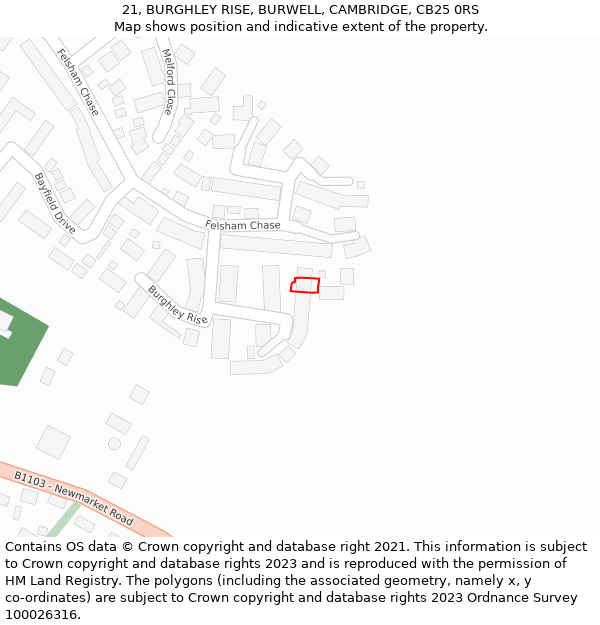 21, BURGHLEY RISE, BURWELL, CAMBRIDGE, CB25 0RS: Location map and indicative extent of plot