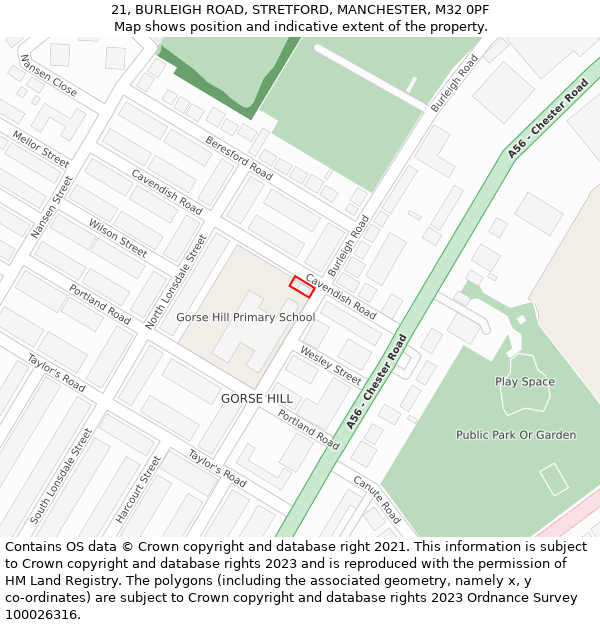 21, BURLEIGH ROAD, STRETFORD, MANCHESTER, M32 0PF: Location map and indicative extent of plot