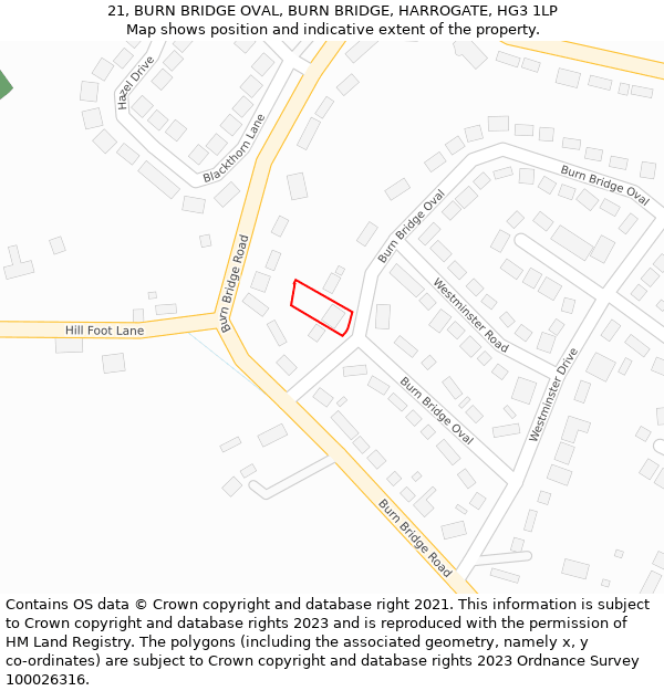 21, BURN BRIDGE OVAL, BURN BRIDGE, HARROGATE, HG3 1LP: Location map and indicative extent of plot