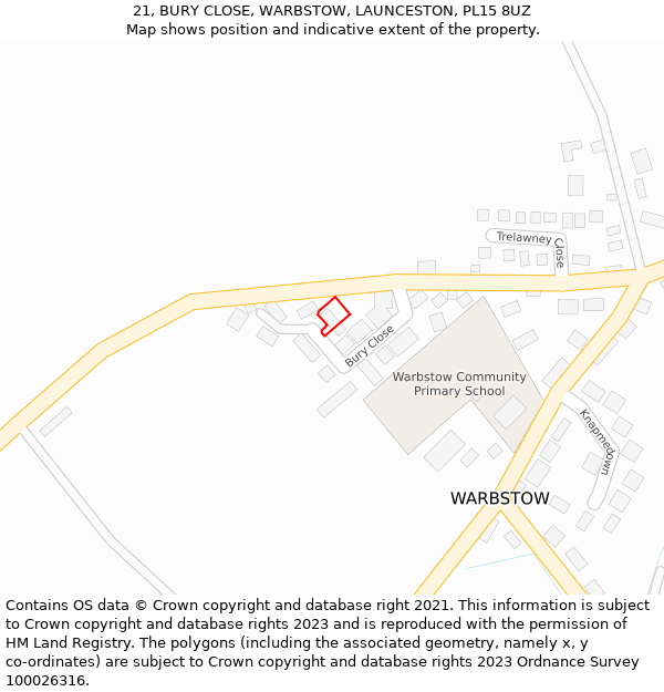 21, BURY CLOSE, WARBSTOW, LAUNCESTON, PL15 8UZ: Location map and indicative extent of plot