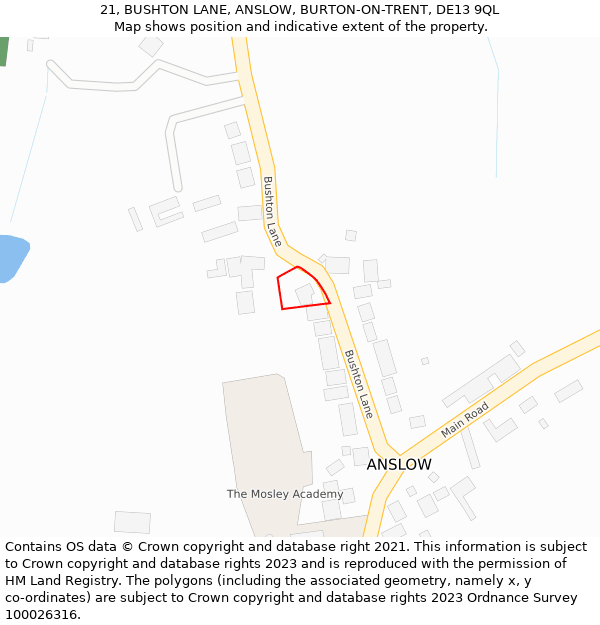 21, BUSHTON LANE, ANSLOW, BURTON-ON-TRENT, DE13 9QL: Location map and indicative extent of plot