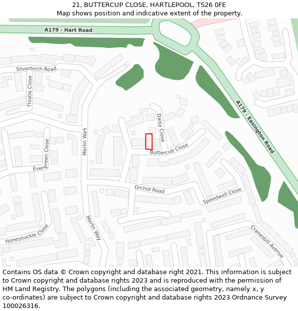 21, BUTTERCUP CLOSE, HARTLEPOOL, TS26 0FE: Location map and indicative extent of plot