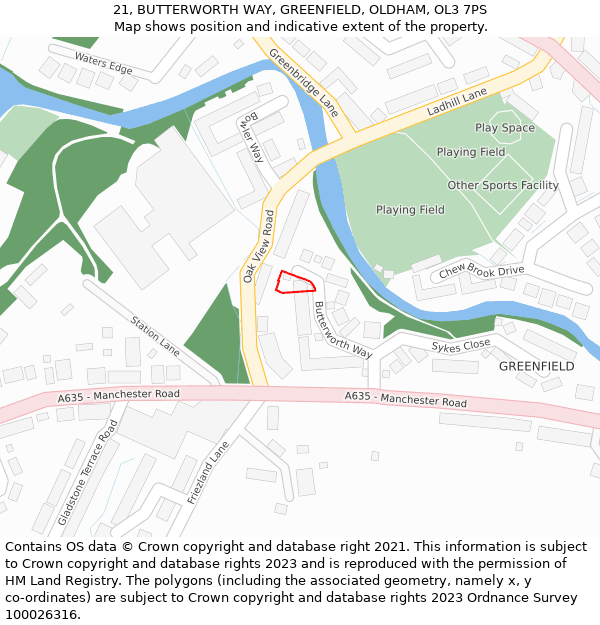 21, BUTTERWORTH WAY, GREENFIELD, OLDHAM, OL3 7PS: Location map and indicative extent of plot