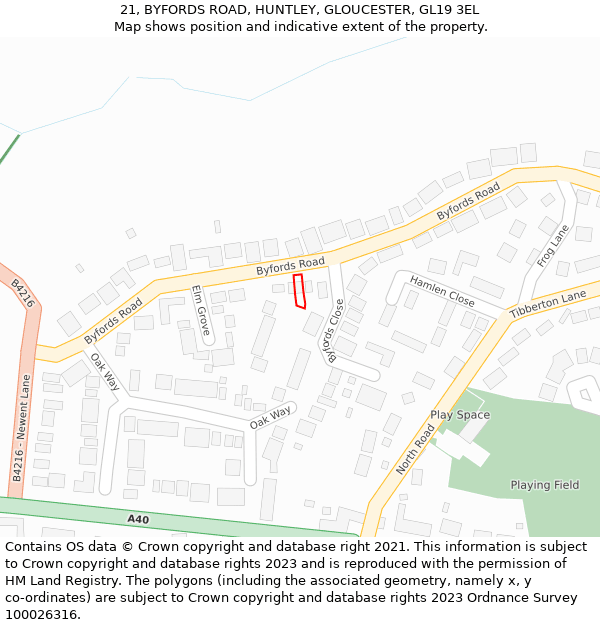 21, BYFORDS ROAD, HUNTLEY, GLOUCESTER, GL19 3EL: Location map and indicative extent of plot