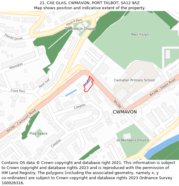 21, CAE GLAS, CWMAVON, PORT TALBOT, SA12 9AZ: Location map and indicative extent of plot