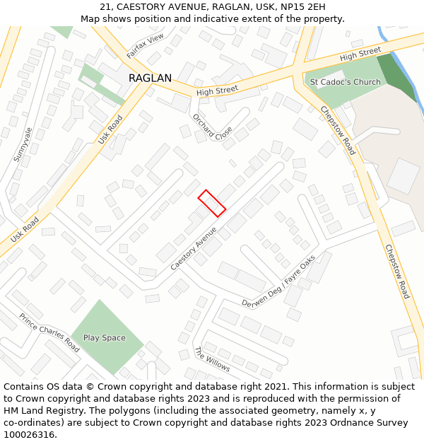 21, CAESTORY AVENUE, RAGLAN, USK, NP15 2EH: Location map and indicative extent of plot