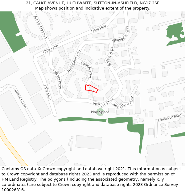 21, CALKE AVENUE, HUTHWAITE, SUTTON-IN-ASHFIELD, NG17 2SF: Location map and indicative extent of plot