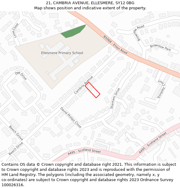 21, CAMBRIA AVENUE, ELLESMERE, SY12 0BG: Location map and indicative extent of plot