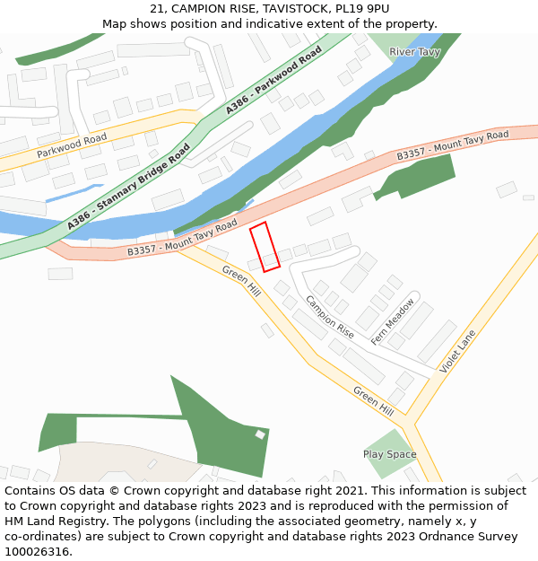 21, CAMPION RISE, TAVISTOCK, PL19 9PU: Location map and indicative extent of plot