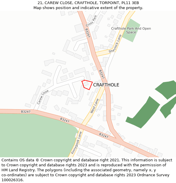 21, CAREW CLOSE, CRAFTHOLE, TORPOINT, PL11 3EB: Location map and indicative extent of plot