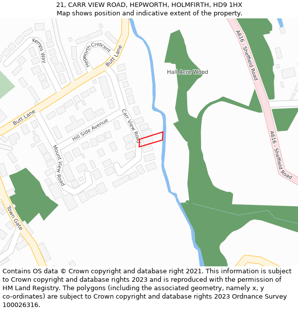 21, CARR VIEW ROAD, HEPWORTH, HOLMFIRTH, HD9 1HX: Location map and indicative extent of plot