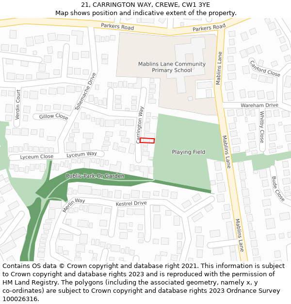 21, CARRINGTON WAY, CREWE, CW1 3YE: Location map and indicative extent of plot