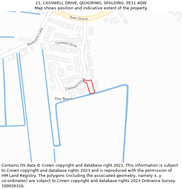 21, CASSWELL DRIVE, QUADRING, SPALDING, PE11 4QW: Location map and indicative extent of plot