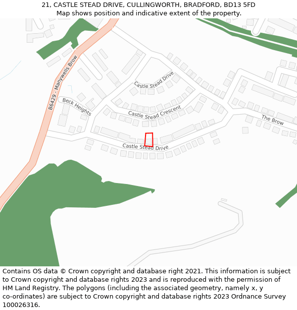 21, CASTLE STEAD DRIVE, CULLINGWORTH, BRADFORD, BD13 5FD: Location map and indicative extent of plot