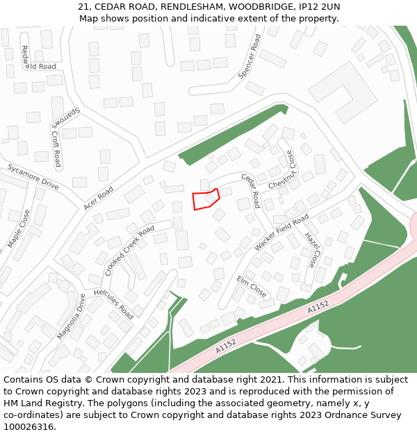 21, CEDAR ROAD, RENDLESHAM, WOODBRIDGE, IP12 2UN: Location map and indicative extent of plot
