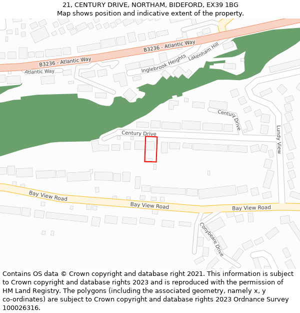 21, CENTURY DRIVE, NORTHAM, BIDEFORD, EX39 1BG: Location map and indicative extent of plot