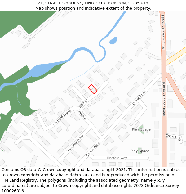 21, CHAPEL GARDENS, LINDFORD, BORDON, GU35 0TA: Location map and indicative extent of plot