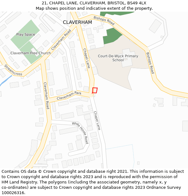 21, CHAPEL LANE, CLAVERHAM, BRISTOL, BS49 4LX: Location map and indicative extent of plot