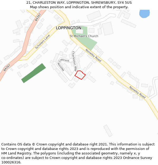 21, CHARLESTON WAY, LOPPINGTON, SHREWSBURY, SY4 5US: Location map and indicative extent of plot