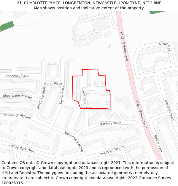 21, CHARLOTTE PLACE, LONGBENTON, NEWCASTLE UPON TYNE, NE12 8NF: Location map and indicative extent of plot