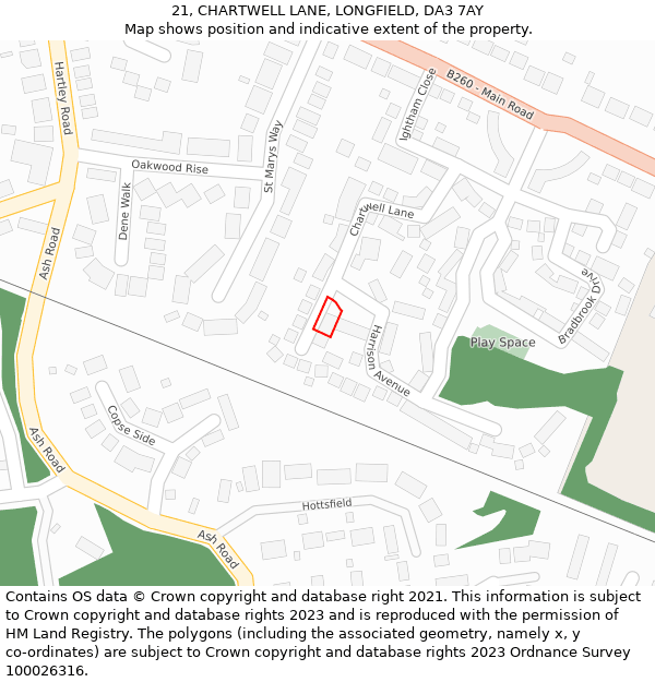 21, CHARTWELL LANE, LONGFIELD, DA3 7AY: Location map and indicative extent of plot