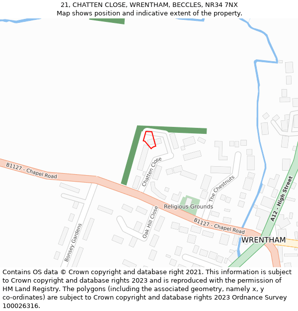 21, CHATTEN CLOSE, WRENTHAM, BECCLES, NR34 7NX: Location map and indicative extent of plot