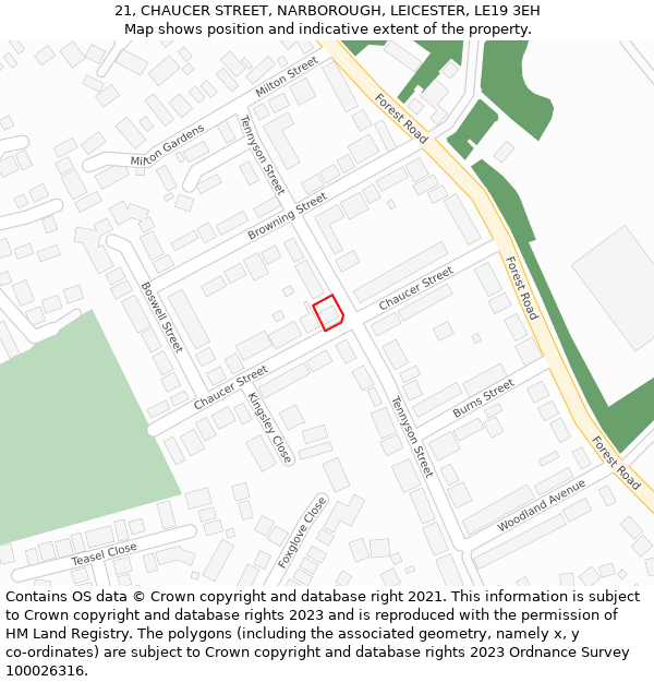 21, CHAUCER STREET, NARBOROUGH, LEICESTER, LE19 3EH: Location map and indicative extent of plot