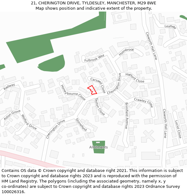 21, CHERINGTON DRIVE, TYLDESLEY, MANCHESTER, M29 8WE: Location map and indicative extent of plot